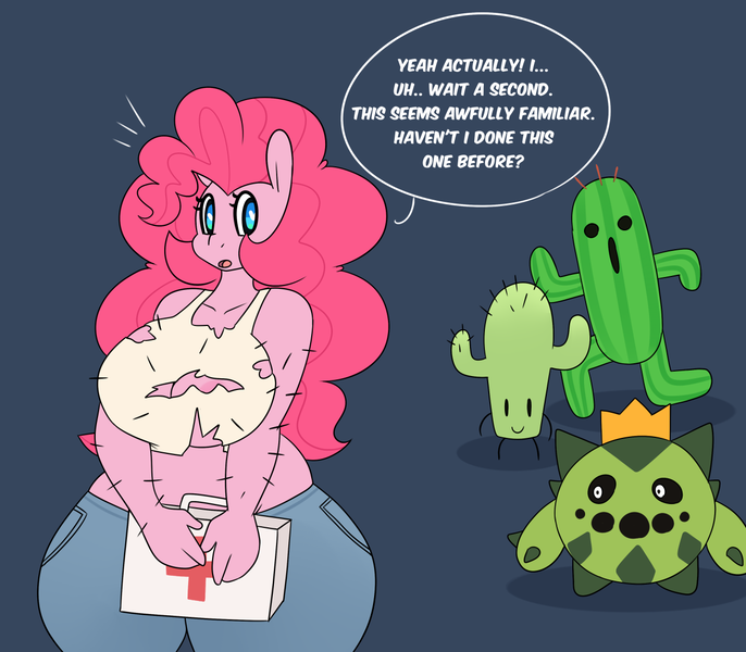 Size: 1280x1120 | Tagged: questionable, artist:somescrub, derpibooru import, pinkie pie, prickles, anthro, cacnea, hugtastic pinkie pie, areola slip, big breasts, breasts, busty pinkie pie, cactuar, cactus, clothes, dialogue, female, final fantasy, heart eyes, pokémon, scene interpretation, the amazing world of gumball, thunder thighs, torn clothes, wide hips, wingding eyes