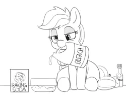 Size: 1280x990 | Tagged: applejack, artist:pabbley, bags under eyes, baking soda, bleach, derp, derpibooru import, lidded eyes, monochrome, mouth hold, pinkie pie, safe, sitting, sleepy, solo, this will end in tears and/or death, tired