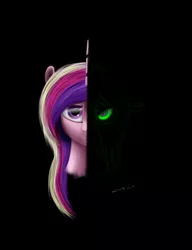 Size: 2300x3000 | Tagged: safe, artist:skitsniga, derpibooru import, princess cadance, queen chrysalis, changeling, disguise, disguised changeling, fake cadance, shadow, solo, split screen