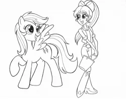 Size: 1922x1526 | Tagged: safe, artist:jmkplover, derpibooru import, firefly, megan williams, equestria girls, g1, g1 to equestria girls, g1 to g4, generation leap, lineart, monochrome, raised hoof, spread wings, traditional art