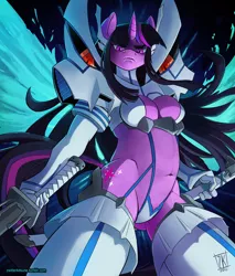 Size: 766x900 | Tagged: absolute cleavage, alicorn, anime, anthro, artist:zwitterkitsune, belly button, breasts, busty twilight sparkle, cleavage, crossover, derpibooru import, female, glare, junketsu, kill la kill, looking at you, looking down, satsuki kiryuin, solo, solo female, suggestive, sword, twilight sparkle, twilight sparkle (alicorn), weapon