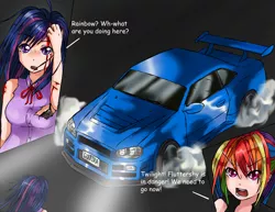 Size: 3287x2543 | Tagged: amnesia, artist:manhunterj, bleeding, blood, bra, breasts, busty twilight sparkle, car, clothes, derpibooru import, dialogue, female, godzilla (series), human, humanized, implied fluttershy, initial d, injured, nissan, nissan skyline, open mouth, rainbow dash, semi-grimdark, skyline r34, smoke, supercar, text, torn clothes, twilight sparkle, underwear