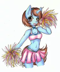 Size: 900x1078 | Tagged: suggestive, artist:bunnywhiskerz, derpibooru import, oc, unofficial characters only, anthro, unicorn, adorasexy, belly button, cheerleader, clothes, cute, female, hairband, midriff, ocbetes, pleated skirt, sexy, simple background, skirt, solo, solo female, traditional art, white background