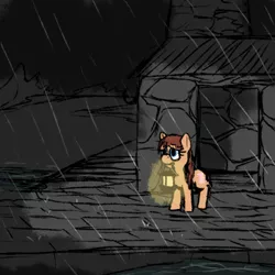 Size: 500x500 | Tagged: safe, artist:thebathwaterhero, derpibooru import, oc, oc:sunrise horizon, unofficial characters only, series:entrapment, child, cold, color, female, filly, foal, island, lamp, light, night, rain, sad, scar, shack, solo, stone, storm, story included, worried