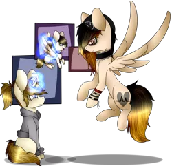 Size: 1024x987 | Tagged: safe, artist:fizzy2014, derpibooru import, oc, unofficial characters only, pegasus, pony, unicorn, choker, clothes, family, hoodie, impossibly large ears, magic, simple background, transparent background