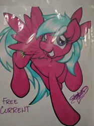 Size: 2992x4000 | Tagged: safe, artist:stazik, derpibooru import, oc, oc:free current, unofficial characters only, pegasus, pony, female, happy, solo, spread wings, traditional art