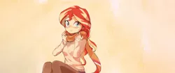 Size: 2560x1080 | Tagged: safe, artist:baekgup, derpibooru import, edit, sunset shimmer, equestria girls, blushing, clothes, cute, daaaaaaaaaaaw, hnnng, looking at you, moe, pantyhose, scarf, shimmerbetes, skirt, socks, solo, stockings, sweater, thigh highs, ultra widescreen, wallpaper, wallpaper edit, weapons-grade cute, widescreen