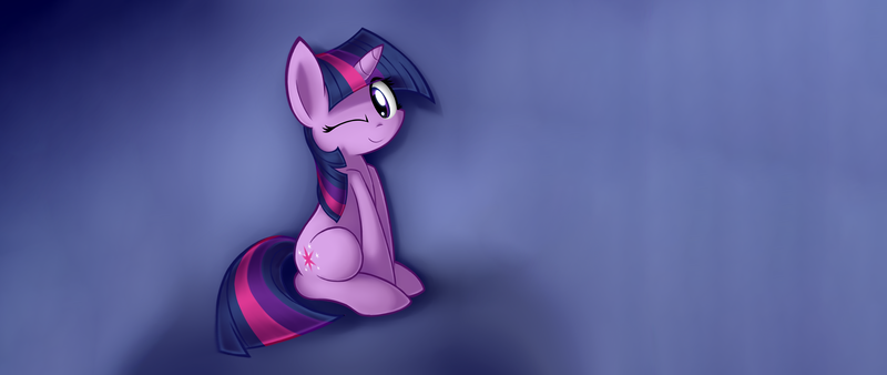 Size: 3413x1440 | Tagged: safe, artist:sheandog, derpibooru import, edit, twilight sparkle, unicorn, cute, looking at you, one eye closed, sitting, smiling, solo, twiabetes, ultra widescreen, unicorn twilight, wallpaper, wallpaper edit, widescreen, wink