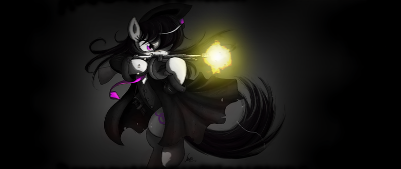 Size: 4612x1946 | Tagged: artist:ncmares, artist:rinsowaty, derpibooru import, edit, epic, mafia, mafia octavia, octavia melody, safe, solo, tommy gun, ultra widescreen, wallpaper, wallpaper edit, widescreen