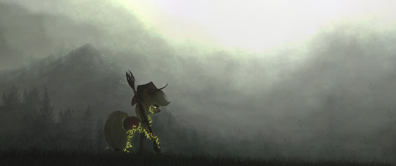 Size: 3333x1406 | Tagged: applejack, artist:ncmares, derpibooru import, edit, fog, glow, safe, scenery, solo, staff, ultra widescreen, wallpaper, wallpaper edit, widescreen