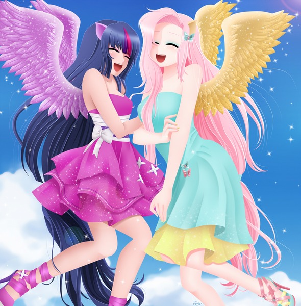 Size: 4131x4200 | Tagged: absurd resolution, artist:srtagiuu, clothes, derpibooru import, dress, eared humanization, fall formal, fall formal outfits, female, fluttershy, flying, happy, high heels, human, humanized, laughing, lesbian, safe, shipping, sleeveless, strapless, tailed humanization, twilight sparkle, twilight sparkle (alicorn), twishy, winged humanization