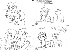 Size: 2330x1650 | Tagged: safe, artist:merkleythedrunken, derpibooru import, diamond tiara, silver spoon, oc, oc:nudie, oc:road runner, pegasus, pony, bathtub, bork, clothes, hairless, monochrome, prone, shoes, sigh, sketch, uvula