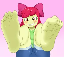 Size: 850x750 | Tagged: source needed, suggestive, anonymous artist, derpibooru import, apple bloom, equestria girls, adorabloom, barefoot, cute, feet, feet up, foot fetish, foot focus, legs in air, looking at you, sitting, smiling, soles, solo, toes