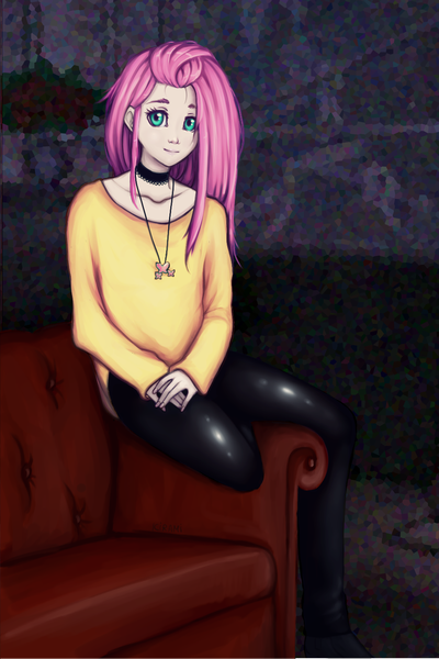 Size: 1000x1500 | Tagged: artist:kira-minami, breasts, clothes, couch, cute, cutie mark necklace, delicious flat chest, derpibooru import, flattershy, fluttershy, goth, human, humanized, jewelry, looking at you, necklace, pants, room, safe, scenery, shyabetes, sitting, smiling, solo, tight clothing