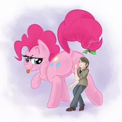 Size: 894x894 | Tagged: suggestive, artist:adequality, artist:khorme, derpibooru import, pinkie pie, human, balloonbutt, dock, giantess, holly, holly mistaken for mistletoe, imminent butt kissing, kiss my ass, looking back, macro, male, mistletoe abuse, plot, size difference, straight, tongue out