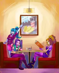 Size: 1807x2250 | Tagged: safe, artist:shichiro, derpibooru import, adagio dazzle, aria blaze, sonata dusk, equestria girls, rainbow rocks, booth, clothes, condiments, cute, diner, happy, menu, pixiv, restaurant, sonatabetes, table, taco tuesday, the dazzlings, waving