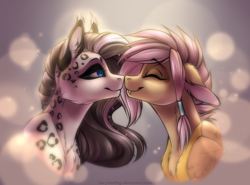 Size: 1521x1123 | Tagged: artist:kerydarling, boop, chest fluff, derpibooru import, ear fluff, fangs, female, hybrid, interspecies offspring, lesbian, noseboop, oc, oc:ellen, offspring, parent:discord, parent:fluttershy, parents:discoshy, safe, shipping, unofficial characters only