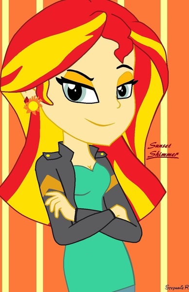 Size: 904x1393 | Tagged: safe, artist:disneyandzimfanatic, derpibooru import, sunset shimmer, equestria girls, breasts, clothes, crossed arms, ear piercing, female, leather jacket, lidded eyes, piercing, raised eyebrow, solo