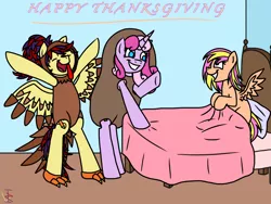 Size: 1024x768 | Tagged: safe, artist:pie530, derpibooru import, oc, unofficial characters only, pony, turkey, animal costume, bed, bipedal, clothes, costume, food, potato, thanksgiving, turkey costume