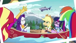 Size: 1280x720 | Tagged: safe, derpibooru import, screencap, applejack, rainbow dash, rarity, sci-twi, sunset shimmer, twilight sparkle, equestria girls, legend of everfree, canoe, fishing, legend you were meant to be, rarity is not amused