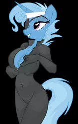 Size: 1204x1920 | Tagged: suggestive, artist:trollie trollenberg, artist:wolfnanaki, derpibooru import, edit, editor:vanchees, trixie, anthro, unicorn, bandage, bedroom eyes, belly button, black background, bodysuit, breasts, busty trixie, catsuit, cleavage, eyepatch, female, future titsie, future trixie, latex, latex suit, simple background, skintight clothes, solo, solo female, unzipping
