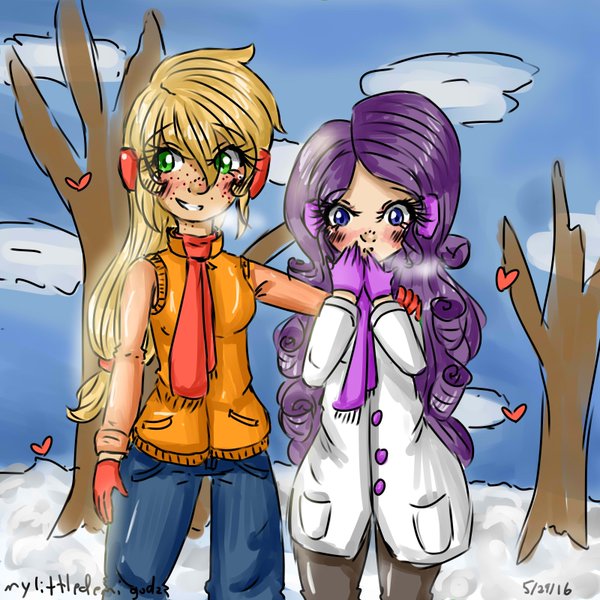 Size: 600x600 | Tagged: safe, artist:mylittleyuri, derpibooru import, applejack, rarity, human, blushing, breath, female, heart, humanized, lesbian, rarijack, shipping, snow, winter