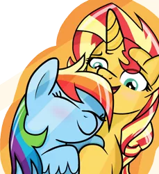Size: 748x815 | Tagged: safe, artist:berrypunchrules, derpibooru import, rainbow dash, sunset shimmer, pony, equestria girls, blushing, cuddling, eyes closed, female, lesbian, open mouth, shipping, simple background, smiling, snuggling, sunsetdash, transparent background