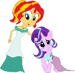 Size: 1516x1482 | Tagged: safe, artist:newportmuse, derpibooru import, part of a set, starlight glimmer, sunset shimmer, equestria girls, beautiful, clothes, counterparts, crying, dress, everypony is beautiful, jewelry, looking at you, necklace, open mouth, part of a series, raised hoof, simple background, smiling, tears of joy, teary eyes, transparent background, twilight's counterparts, wavy mouth