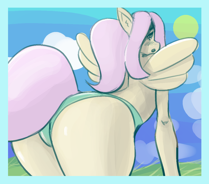 Size: 1040x916 | Tagged: anthro, artist:voh3ohv, ass, blushing, clothes, cloud, derpibooru import, female, flutterbutt, fluttershy, green underwear, mane, panties, pegasus, sky, solo, solo female, suggestive, tail, the ass was fat, underwear, wings