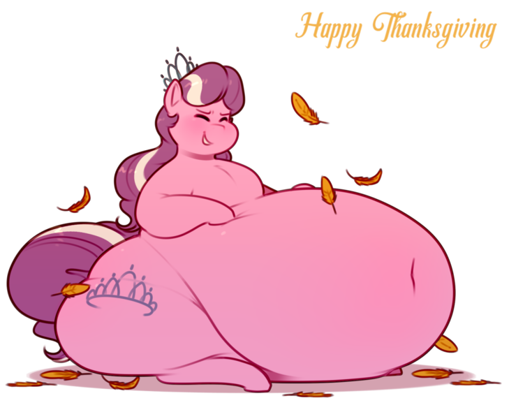 Size: 1280x1054 | Tagged: questionable, artist:secretgoombaman12345, derpibooru import, diamond tiara, scootaloo, ass, belly, belly button, big belly, blushing, chubby cheeks, chubby diamond, eyes closed, fat, fat fetish, feather, fetish, huge butt, implied scootaloo, implied vore, impossibly large belly, large butt, morbidly obese, obese, post-vore, simple background, stuffed, thanksgiving, transparent background, vore