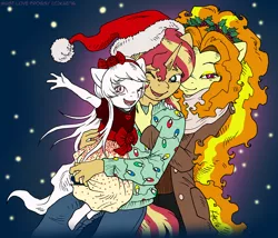 Size: 1100x943 | Tagged: adagio dazzle, adopted offspring, anthro, anthro oc, artist:kaemantis, christmas, clothes, derpibooru import, family, female, hat, holly, hug, lesbian, looking at you, next generation, oc, oc:snowshine, parent:adagio dazzle, parents:sunsagio, parent:sunset shimmer, safe, santa hat, shipping, sunsagio, sunset shimmer