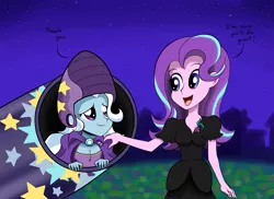 Size: 2131x1550 | Tagged: dead source, safe, artist:kittyprints91, derpibooru import, starlight glimmer, trixie, equestria girls, no second prances, breasts, cannon, clothes, dialogue, dress, equestria girls interpretation, equestria girls-ified, female, helmet, manticore mouth dive, open mouth, pony cannonball, scene interpretation, text, trixie's cannon