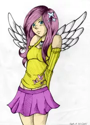 Size: 1024x1425 | Tagged: artist:akaneayoshinari, artist:ixalon, clothes, colored, color edit, cute, derpibooru import, edit, female, fluttershy, human, humanized, midriff, safe, shyabetes, skirt, solo, tanktop, winged humanization