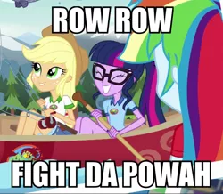 Size: 632x550 | Tagged: safe, derpibooru import, edit, edited screencap, screencap, applejack, rainbow dash, sci-twi, twilight sparkle, equestria girls, legend of everfree, canoe, fishing, image macro, meme, row row fight tha powah, tengen toppa gurren lagann