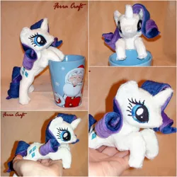 Size: 1002x1002 | Tagged: artist:ferracraft, cup, derpibooru import, hand, irl, mini, photo, plushie, prone, rarity, safe, solo