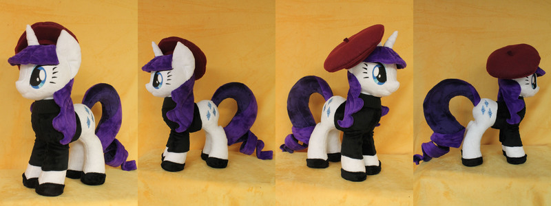 Size: 6016x2256 | Tagged: artist:whitedove-creations, beatnik rarity, beret, clothes, derpibooru import, female, hat, irl, photo, plushie, rarity, safe, shoes, slippers, solo, sweater