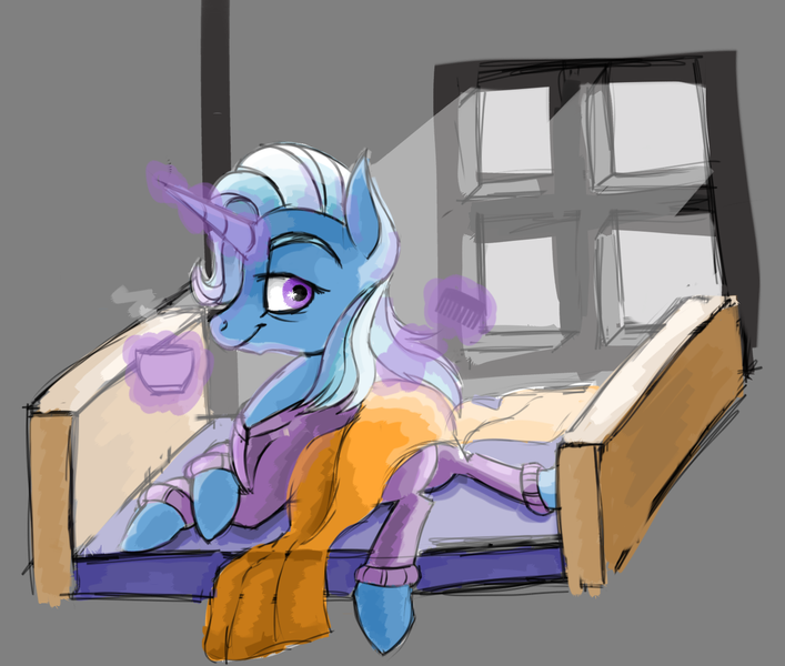 Size: 1297x1101 | Tagged: safe, artist:buttersflutterscotch, derpibooru import, trixie, pony, unicorn, bed, clothes, coffee, comb, female, pajamas, smiling, solo