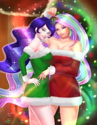 Size: 1050x1350 | Tagged: artist:jay156, beautiful, bedroom eyes, breasts, busty princess celestia, busty princess luna, christmas, christmas lights, christmas tree, cleavage, clothes, commission, costume, derpibooru import, female, females only, grin, hand on hip, holiday, human, humanized, imminent kissing, incest, inviting, lesbian, looking at you, looking back, mistletoe, princess celestia, princess luna, princest, royal sisters, santa costume, seductive look, seductive pose, sexy, shipping, sisters, smiling, suggestive, tree