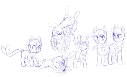 Size: 1442x879 | Tagged: safe, artist:aureai-sketches, derpibooru import, oc, oc:andandampersand, oc:aureai, oc:chip, oc:clever clop, oc:cyan lightning, oc:melody notes, unofficial characters only, earth pony, merpony, pegasus, pony, unicorn, drawing, flying, monochrome, raised hoof, simple background, sketch, spongebob squarepants, spread wings, white background, wip
