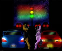 Size: 2048x1686 | Tagged: artist:chasityarcherkiller, car, derpibooru import, eye contact, looking at each other, oc, oc:darren cuffs, oc:samantha jones, safe, street race, subaru, subaru impreza, toyota, toyota mr2, traffic light, unofficial characters only