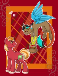 Size: 2300x3000 | Tagged: safe, artist:broohan, derpibooru import, oc, oc:cherry pit, oc:ruse, unofficial characters only, draconequus, earth pony, hybrid, pony, abstract background, basket, duo, flying, interspecies offspring, next generation, offspring, parent:big macintosh, parent:cheerilee, parent:discord, parent:princess celestia, parents:cheerimac, parents:dislestia, red background, simple background