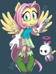 Size: 800x1051 | Tagged: angel bunny, anthro, artist:blazetbw, chao, clothes, crossover, derpibooru import, fluttershy, mobian, plantigrade anthro, safe, solo, sonicified, sonic the hedgehog (series), species swap, style emulation, watermark