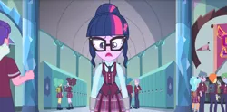 Size: 1194x591 | Tagged: safe, derpibooru import, screencap, carlos thunderbolt, celery stalk, frosty orange, garden grove, melon mint, quark fusion, sci-twi, twilight sparkle, equestria girls, friendship games, background human, crystal prep academy, what more is out there