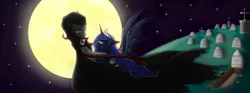 Size: 1940x724 | Tagged: artist:stuflox, crossover, derpibooru import, dracula, full moon, grave, graveyard, king sombra, lumbra, male, moon, night, princess luna, safe, shipping, spread wings, stars, straight, vampire, vampony