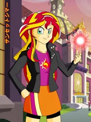 Size: 802x1070 | Tagged: safe, artist:gonzalossj3, derpibooru import, sunset shimmer, equestria girls, akira toriyama, anime, canterlot high, clothes, compression shorts, courtyard, crossover, cute, dragon ball, dragon ball z, jacket, leather jacket, shorts, skirt, solo, style emulation