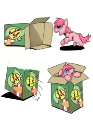 Size: 1080x1398 | Tagged: artist:fluffsplosion, blatant product placement, box, derpibooru import, fluffy pony, safe, solo, stuck, stupidity