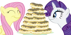 Size: 15724x7834 | Tagged: absurd resolution, artist:cyanlightning, derpibooru import, eclair, fluttershy, food, mmmystery on the friendship express, rarity, rarity looking at food, safe, simple background, .svg available, transparent background, vector