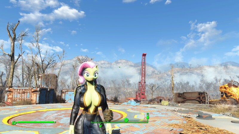 Size: 1920x1080 | Tagged: 3d, anthro, artist:appletart, big breasts, breasts, busty fluttershy, cleavage, derpibooru import, eyeshadow, fallout, fallout 4, female, fluttershy, game mod, hud, lipstick, makeup, mod, pegasus, pipboy, scenery, solo, solo female, suggestive, vault suit