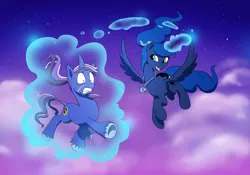 Size: 5014x3507 | Tagged: safe, artist:doublewbrothers, derpibooru import, princess luna, oc, oc:azure night, pony, unicorn, alternate hairstyle, azuna, canon x oc, curved horn, cute, flying, laughing, levitation, lunabetes, magic, ponytail, scared, shipping, spread wings, telekinesis, tongue out