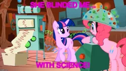 Size: 889x500 | Tagged: derpibooru import, edit, edited screencap, feeling pinkie keen, image macro, meme, pinkie pie, safe, science, screencap, she blinded me with science, song reference, text, thomas dolby, twilight sparkle